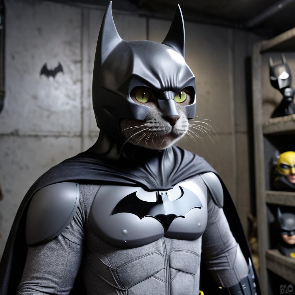 chartreux cat as batman in batcave, wearing batman suit and mask, highly detailed.