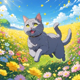 anime artwork of chartreux cat running through a vibrant field of flowers with clear blue skies.