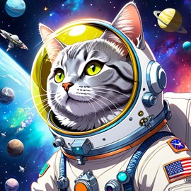 anime illustration of chartreux cat as astronaut in space, wearing spacesuit, vibrant and detailed.