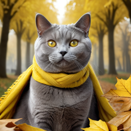 hyperrealistic autumn art of chartreux cat in a yellow scarf, highly detailed and lifelike.