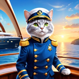 chartreux cat as a captain on a luxury yacht, wearing captain uniform, ethereal and majestic.