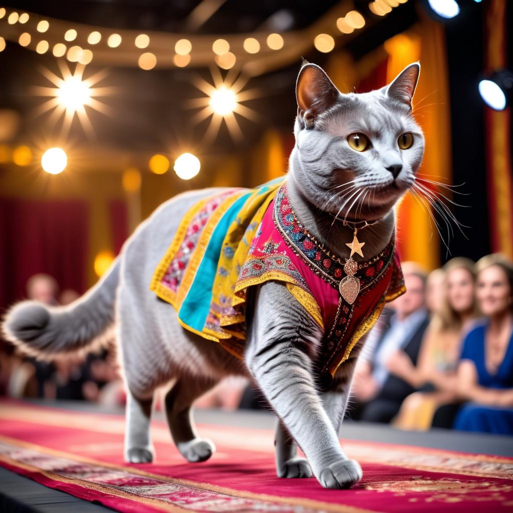 chartreux cat strutting down the fashion show catwalk stage in a colorful bohemian outfit with flowing fabrics, high energy and joyful.