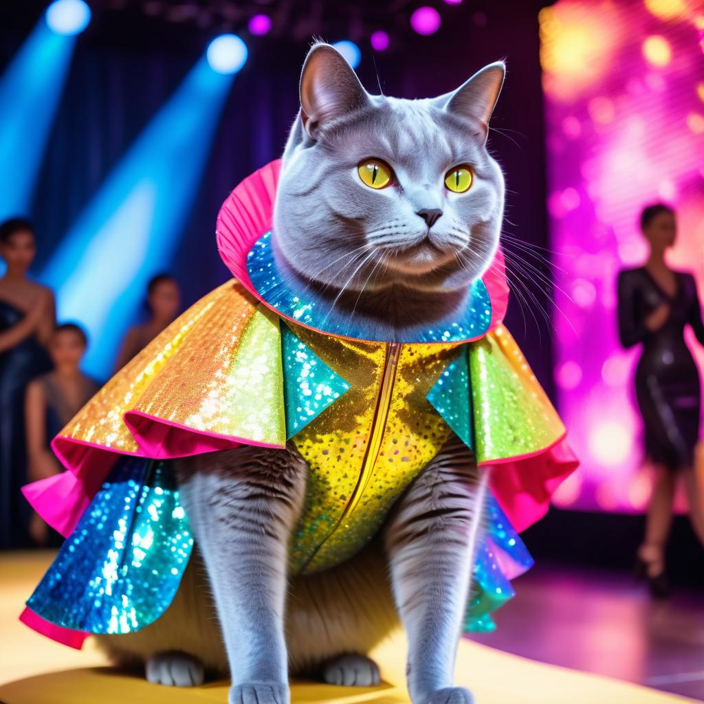 chartreux cat strutting down the fashion show catwalk stage in an extravagant cosmic-themed outfit with iridescent fabrics, high energy and extravagant.