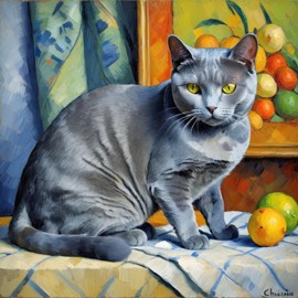 chartreux cat in the style of cezanne, highlighting classic brush strokes and an elegant, timeless look.