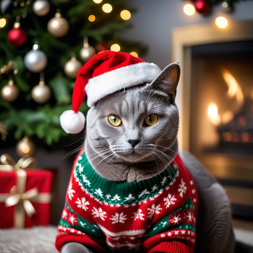 chartreux cat in a christmas sweater and santa hat, festive and detailed.