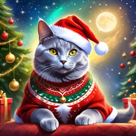 chartreux cat in a christmas sweater and santa hat, ethereal and magical.