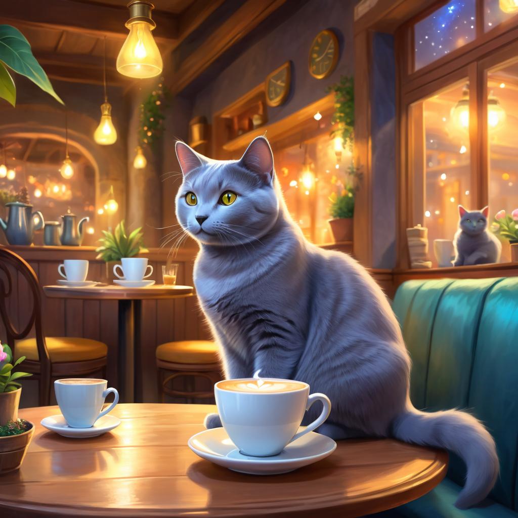 chartreux cat sitting in a cozy coffee shop, ethereal and magical.