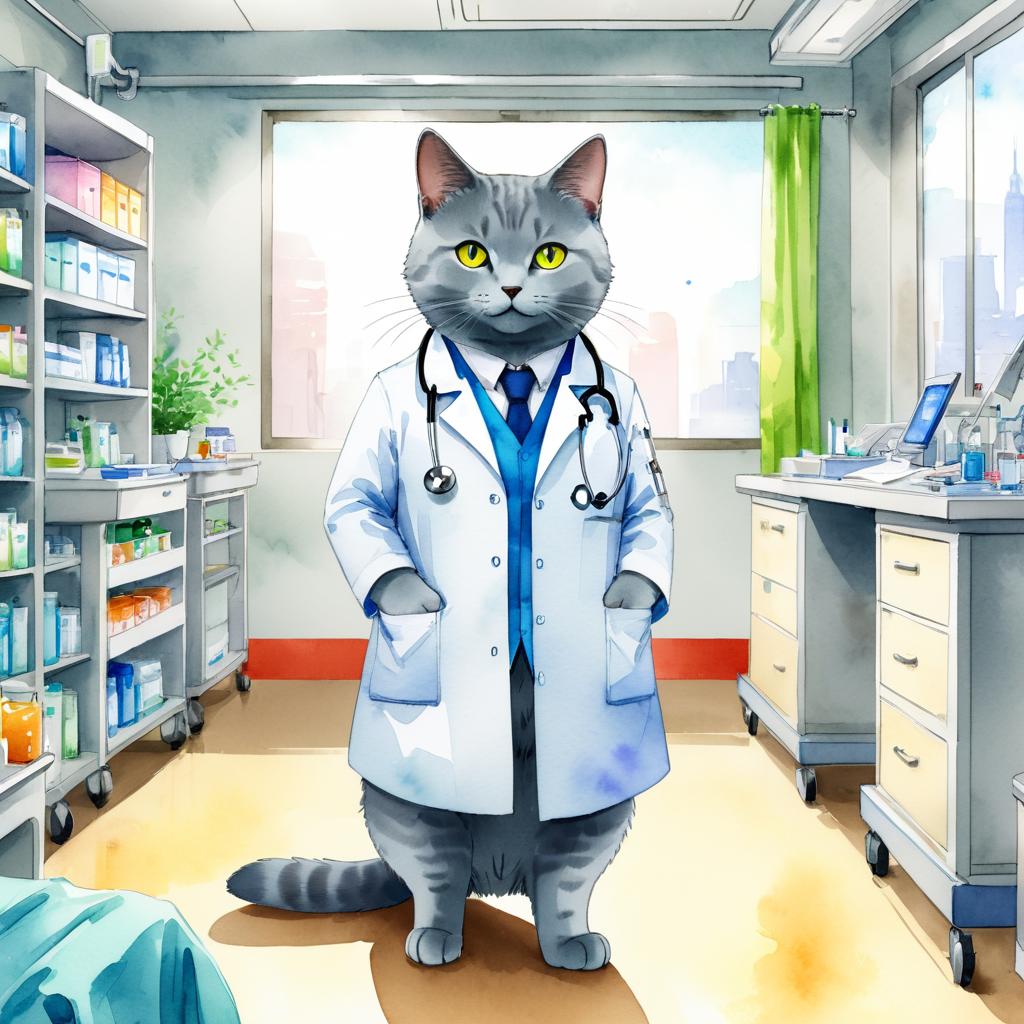 watercolor painting of chartreux cat as a doctor in a hospital, vibrant and highly detailed, in a studio anime style.