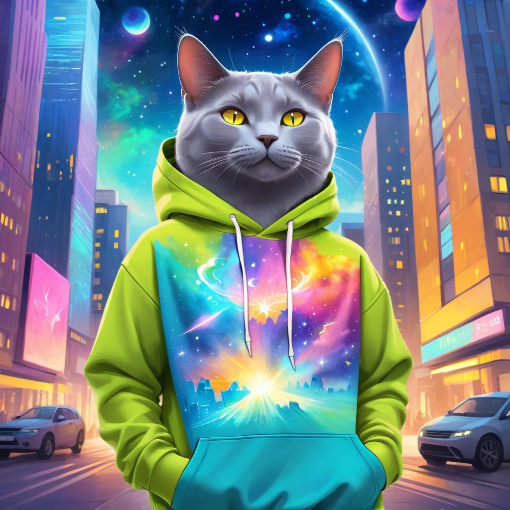 chartreux cat in a colorful hoodie, with a magical urban background highlighting a cute and happy vibe.