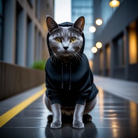 chartreux cat in a black hoodie, set against a modern urban backdrop, emphasizing a stylish and trendy look.