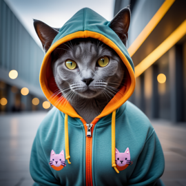 chartreux cat in a colorful hoodie, set in a modern urban environment with a stylish and trendy vibe.