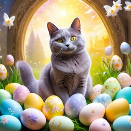 chartreux cat in a magical easter setting with colorful eggs, ethereal and dreamy details.