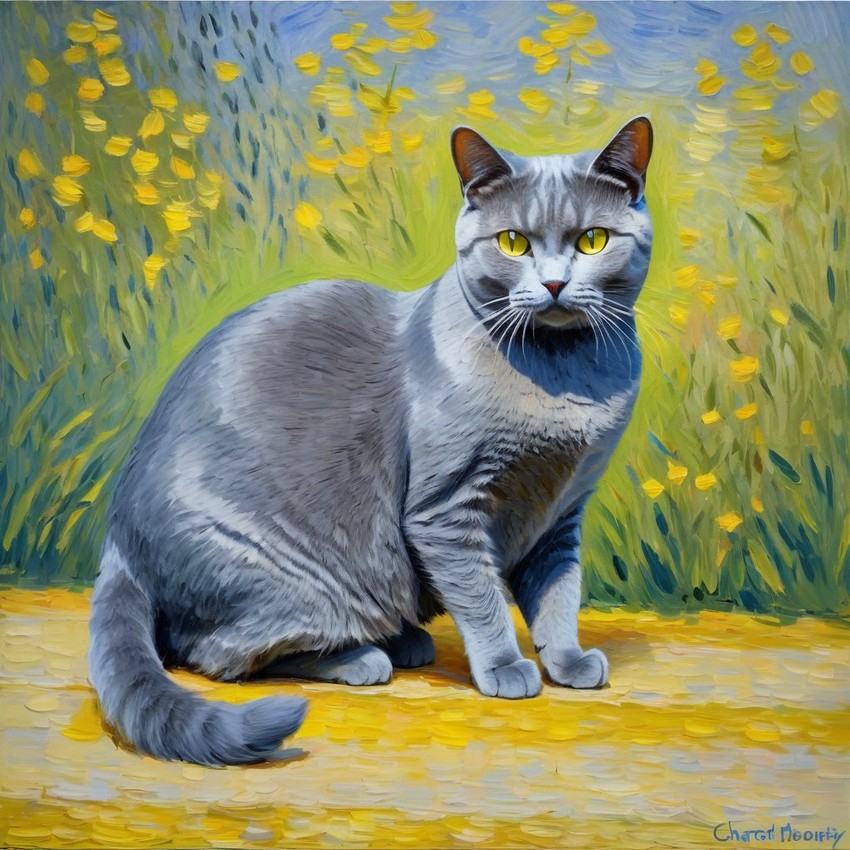 chartreux cat in the style of monet, featuring delicate brush strokes and a classic, artistic appearance.