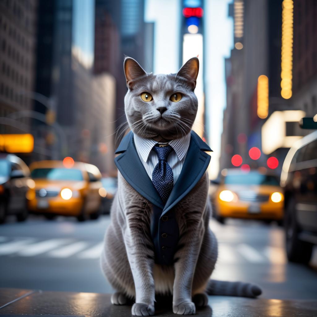 chartreux cat in new york, dressed in classy clothing, against an iconic nyc backdrop with a cinematic, high-detail style.