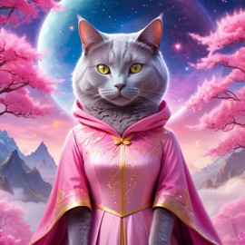 chartreux cat in pink clothing, set in a beautiful pink scene with a dreamy, magical vibe.