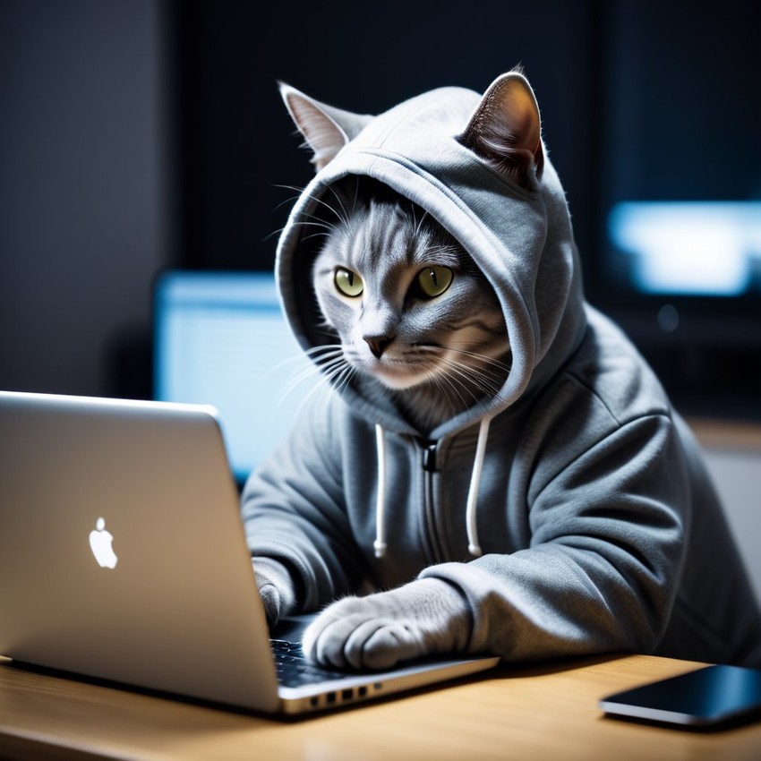 chartreux cat as a programmer, working on a laptop in a hoodie, capturing a cute and happy moment.