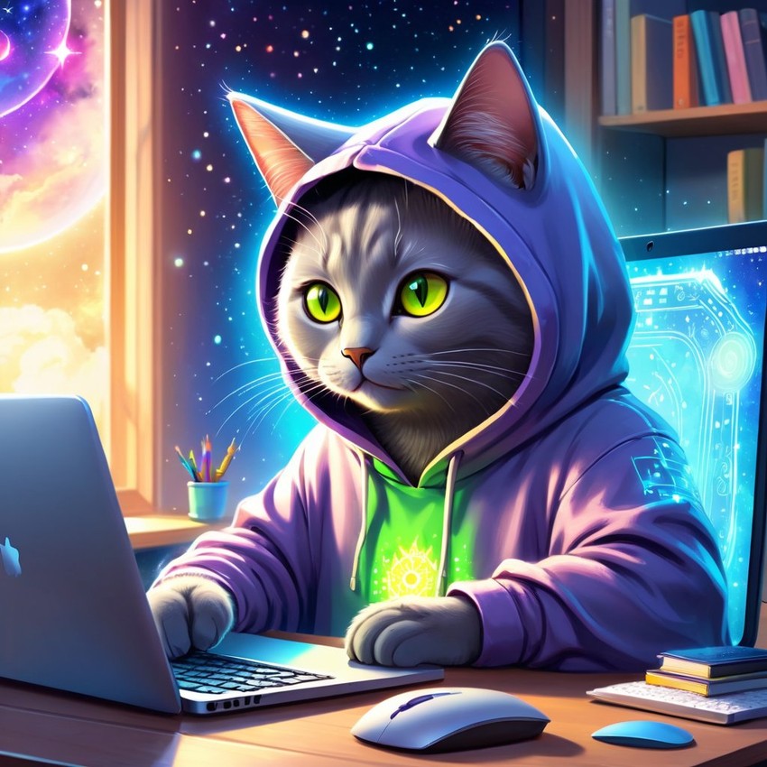 chartreux cat as a programmer, working on a laptop in a hoodie, capturing a cute and magical moment.