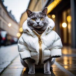 chartreux cat in a large white puffer coat with golden hip hop chains, set in a posh urban environment.