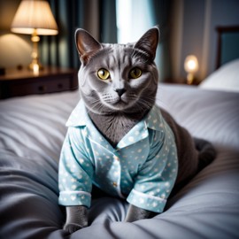 chartreux cat in cute pyjamas, relaxing in a beautiful posh bedroom, highlighting happiness and coziness.