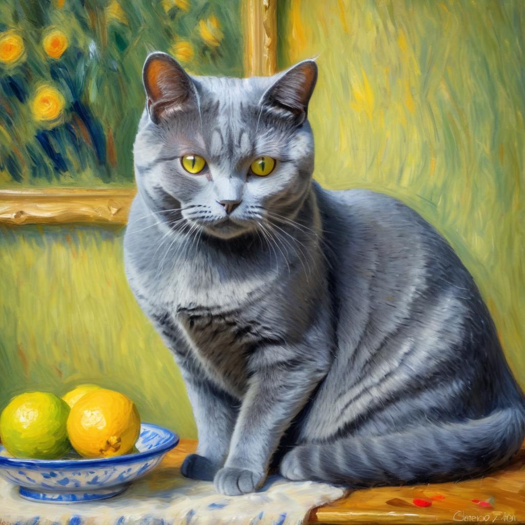 chartreux cat in the style of renoir, showcasing classic artistic brush strokes and timeless elegance.