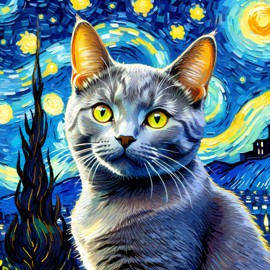 chartreux cat by van gogh, featuring starry night brush strokes, capturing a cute and happy expression.