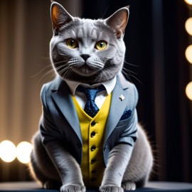 chartreux cat in a classy suit on a fashion stage, showcasing elegance and charm in a highly detailed, epic scene.