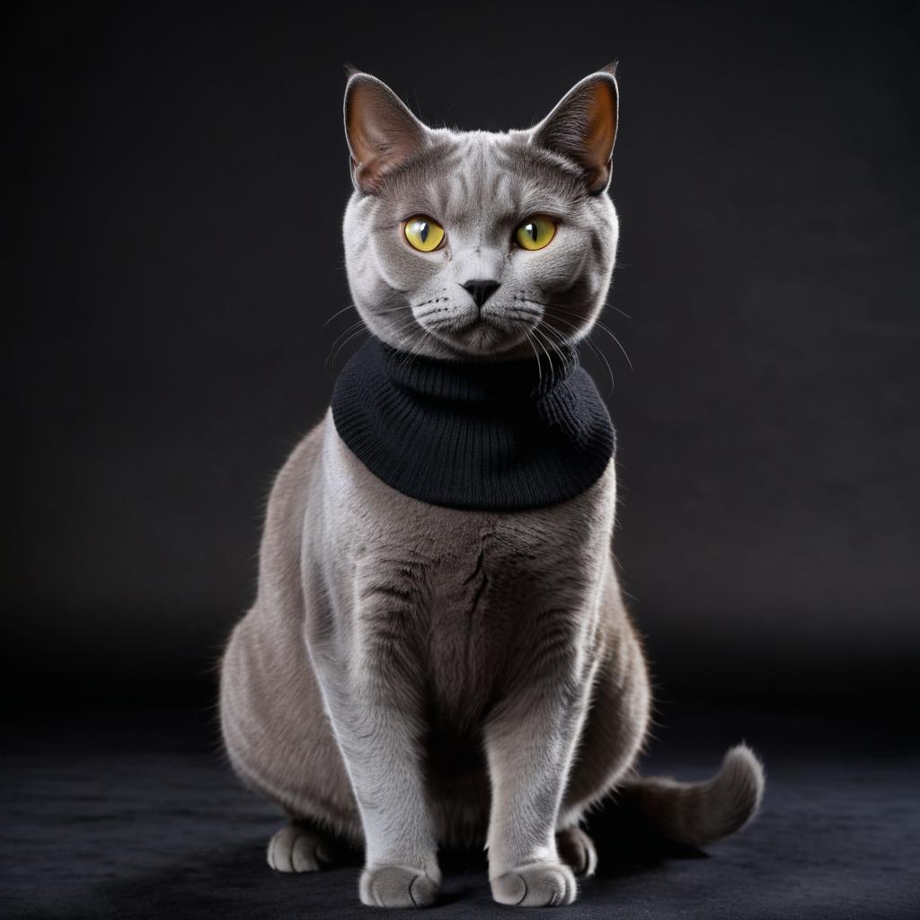 chartreux cat in a black turtleneck, against a diffused background, looking cute and elegant.