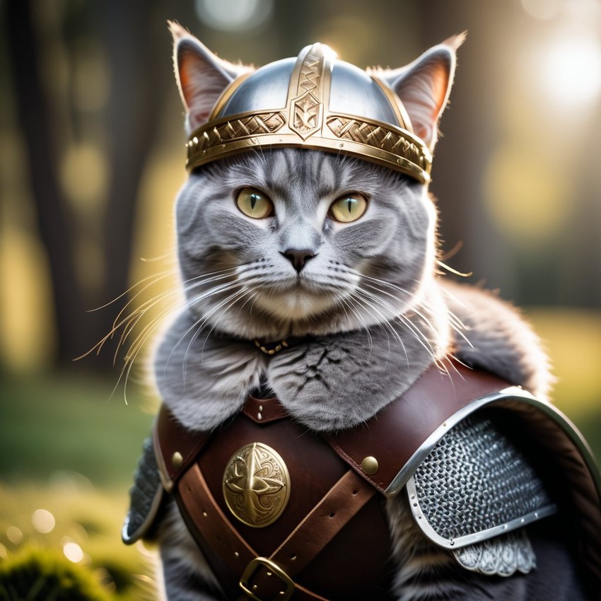 chartreux cat as a viking, wearing traditional armor and helmet, set in a detailed viking environment.