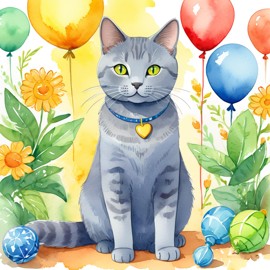 watercolor illustration of chartreux cat in children's book style, vibrant and detailed, drawn by don freedman.