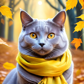 chartreux cat in a yellow scarf, ethereal and magical style.