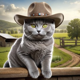 chartreux cat as a cowboy wearing a hat, in the midwest countryside, on a farm.