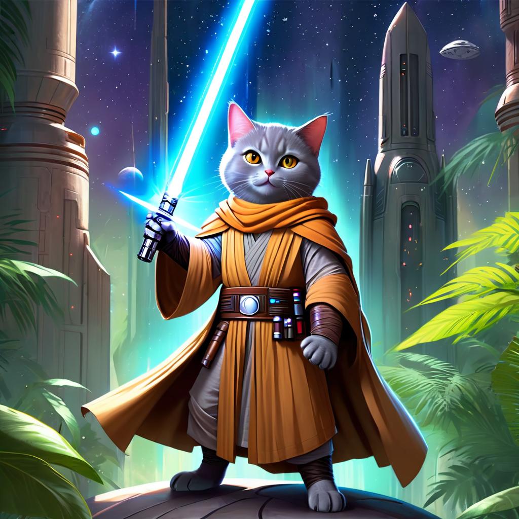 chartreux cat as a jedi knight, with a lightsaber and star wars backdrop in a celestial, painterly style.