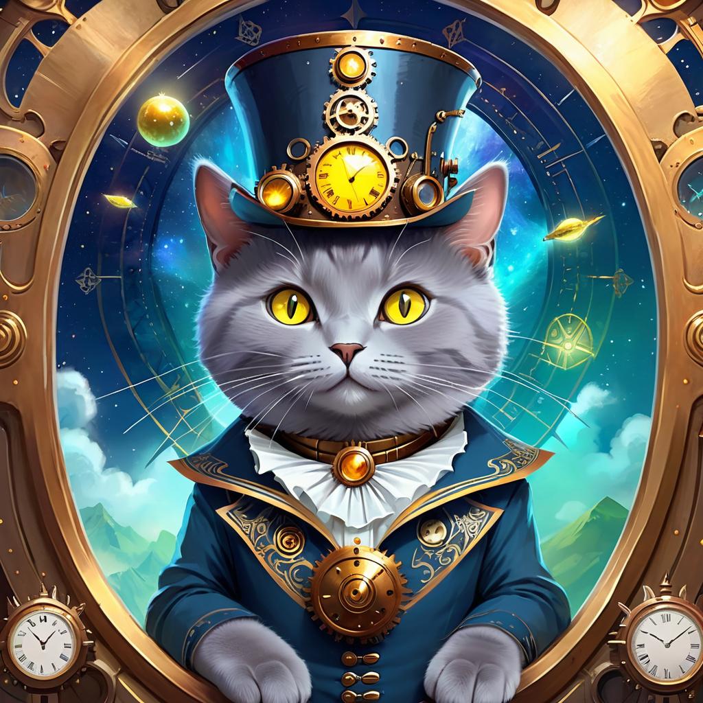 chartreux cat in a steampunk style, cute and happy, with a magical and painterly quality.