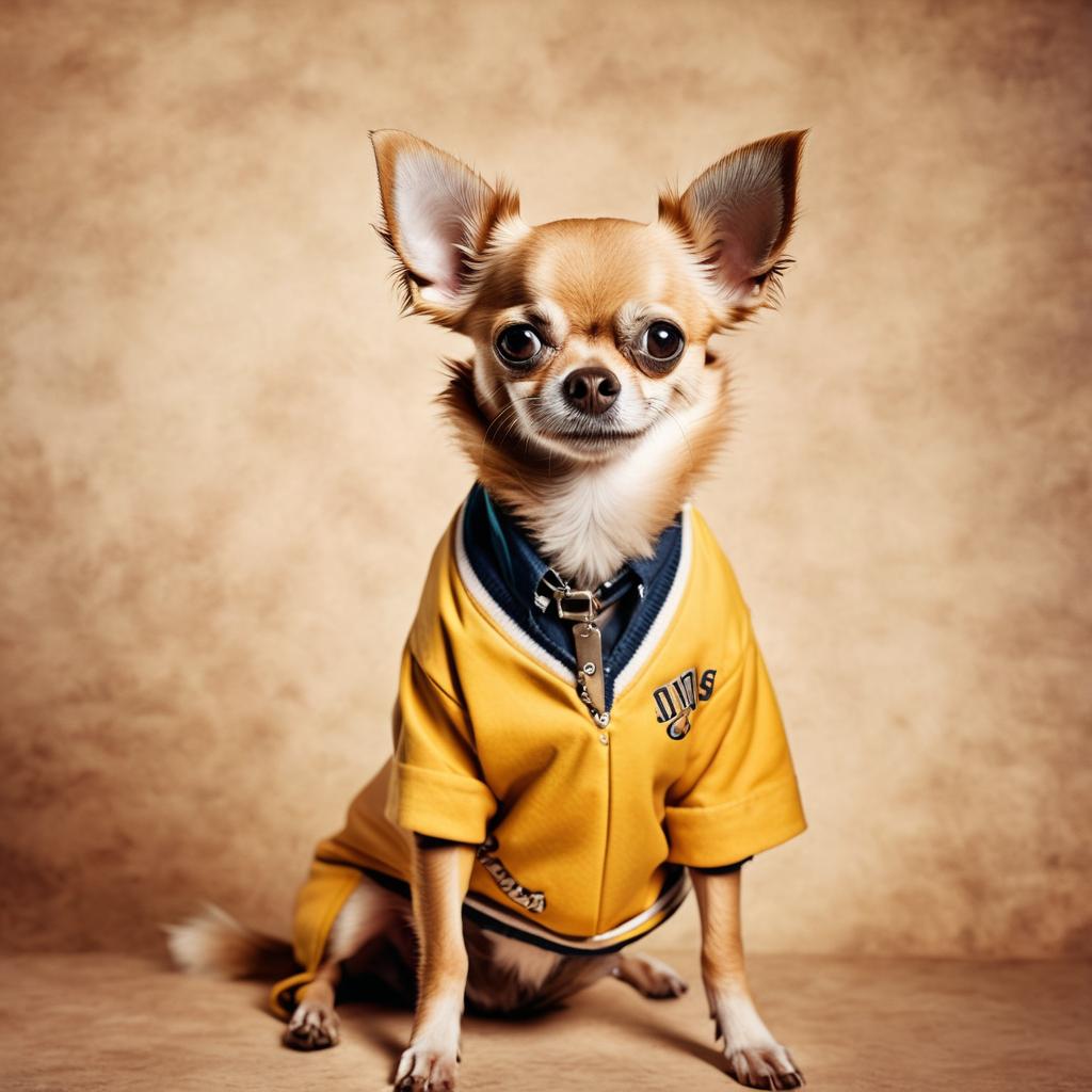 90s yearbook photo of chihuahua in old school clothing, full body, vintage background.