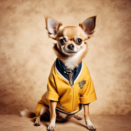 90s yearbook photo of chihuahua in old school clothing, full body, vintage background.