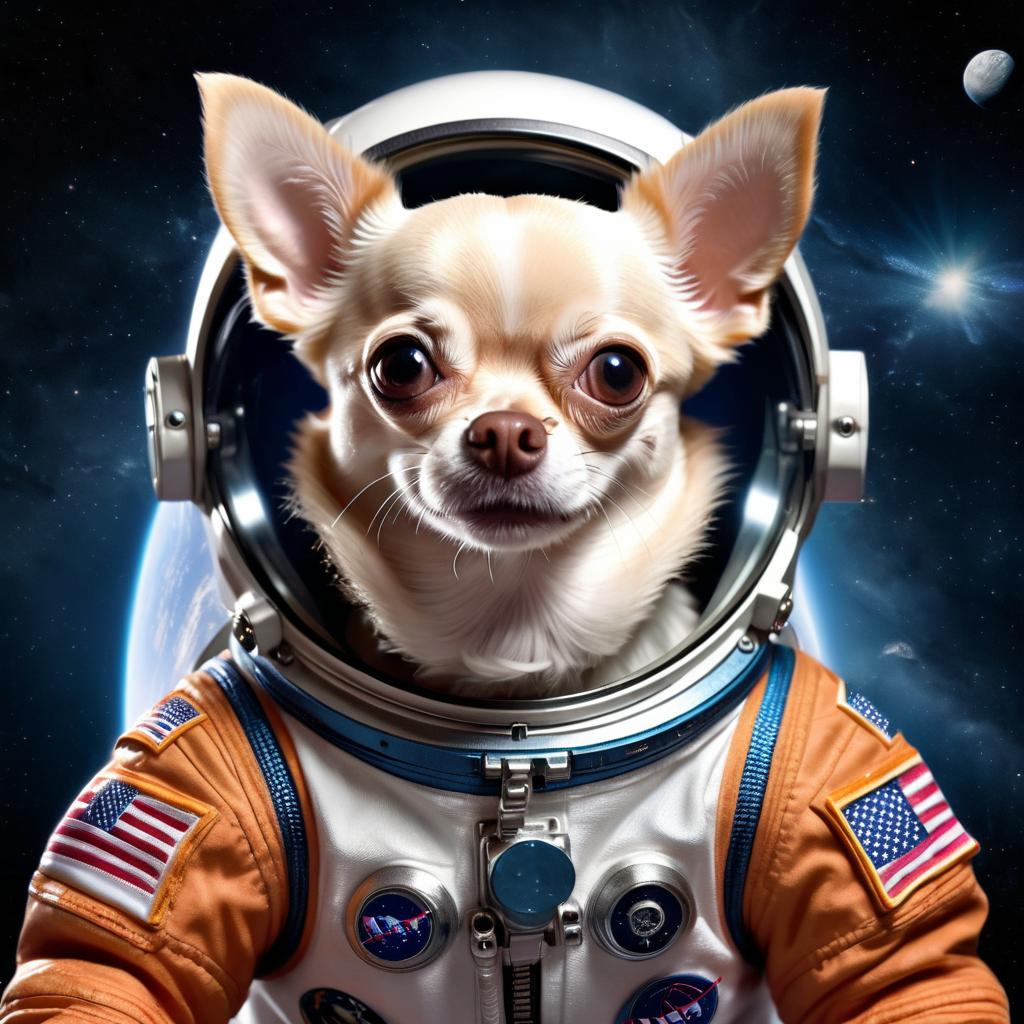 chihuahua as astronaut in space, wearing spacesuit, highly detailed and lifelike.