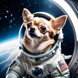 chihuahua as astronaut in space, wearing spacesuit, with spacestation background.