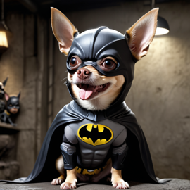 chihuahua as batman in batcave, wearing batman suit and mask, highly detailed.