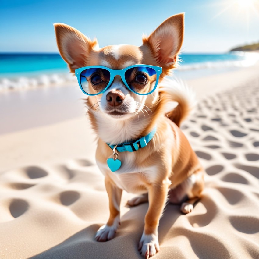 chihuahua on a beautiful beach with white sand and blue sea, wearing sunglasses.