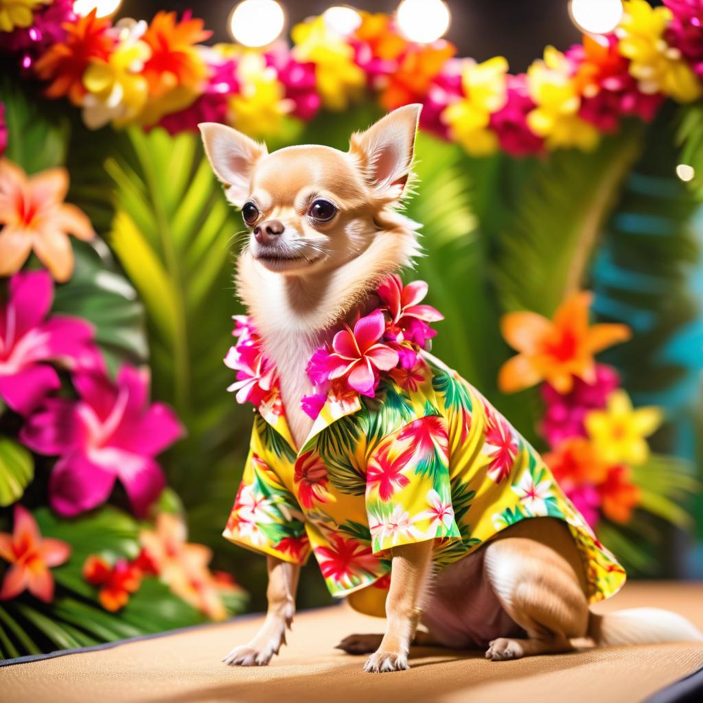 chihuahua strutting down the fashion show catwalk stage in a vibrant hawaiian shirt and a floral lei, high energy and joyful.