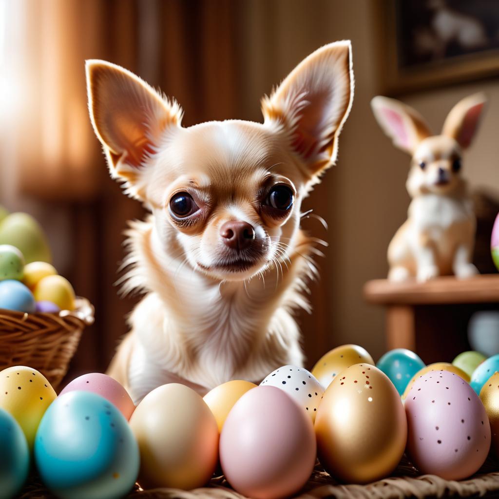 chihuahua in a beautiful easter setting with colorful eggs, highly detailed and charming.