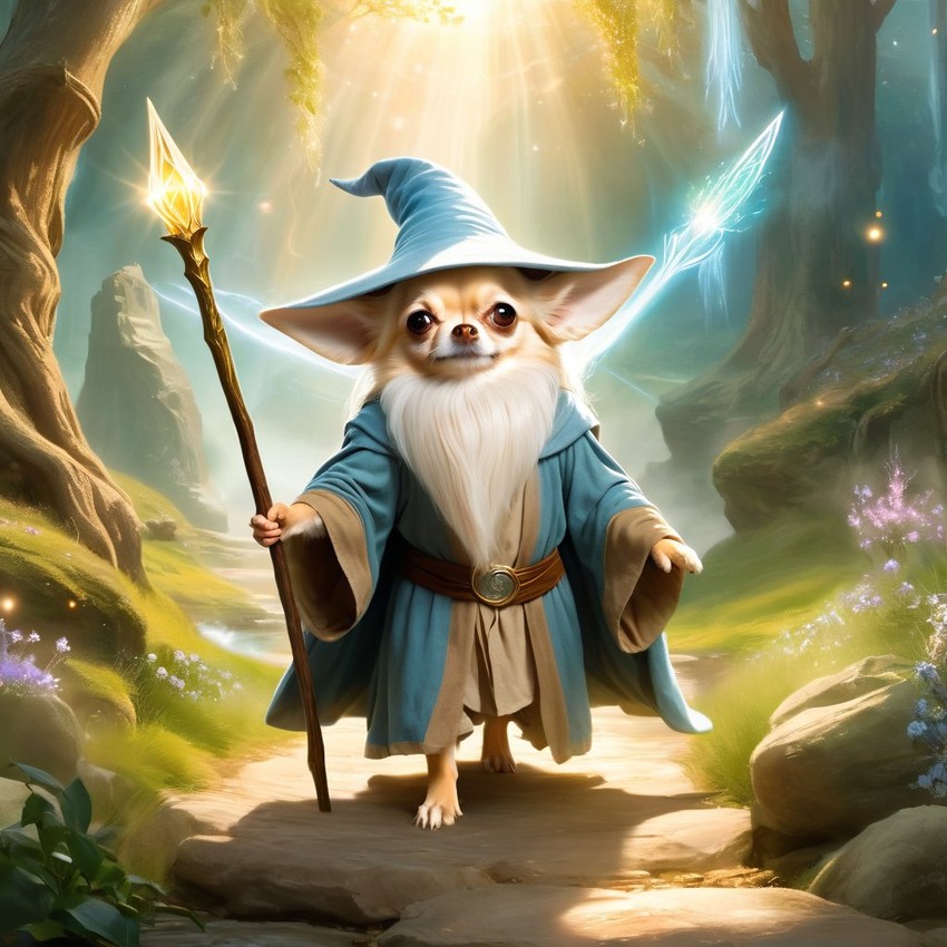 chihuahua as gandalf, with a white beard and magical surroundings, ethereal and majestic.