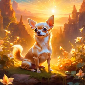 chihuahua during golden hour, with a celestial and magical atmosphere, capturing their beauty in a dreamy setting.