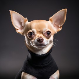 professional headshot of chihuahua wearing a black turtleneck for a cv or linkedin, studio photo.