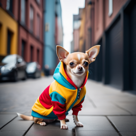 chihuahua in a colorful hoodie, set in a modern urban environment with a stylish and trendy vibe.