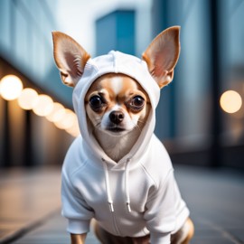 chihuahua in a white hoodie, showcasing a modern urban setting with a cute and stylish look.