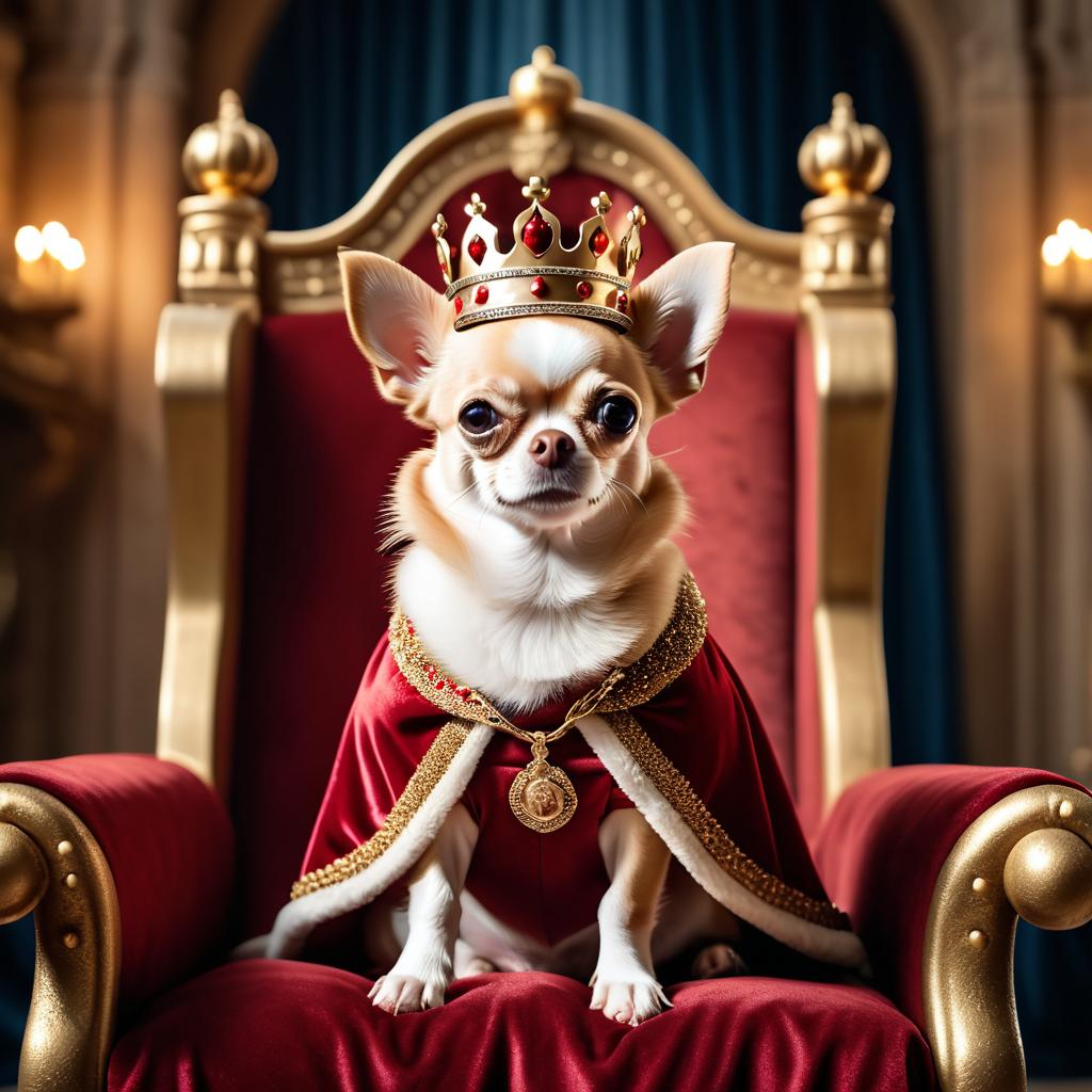 chihuahua as a king in a magical castle, wearing a crown and robe, seated on a throne.