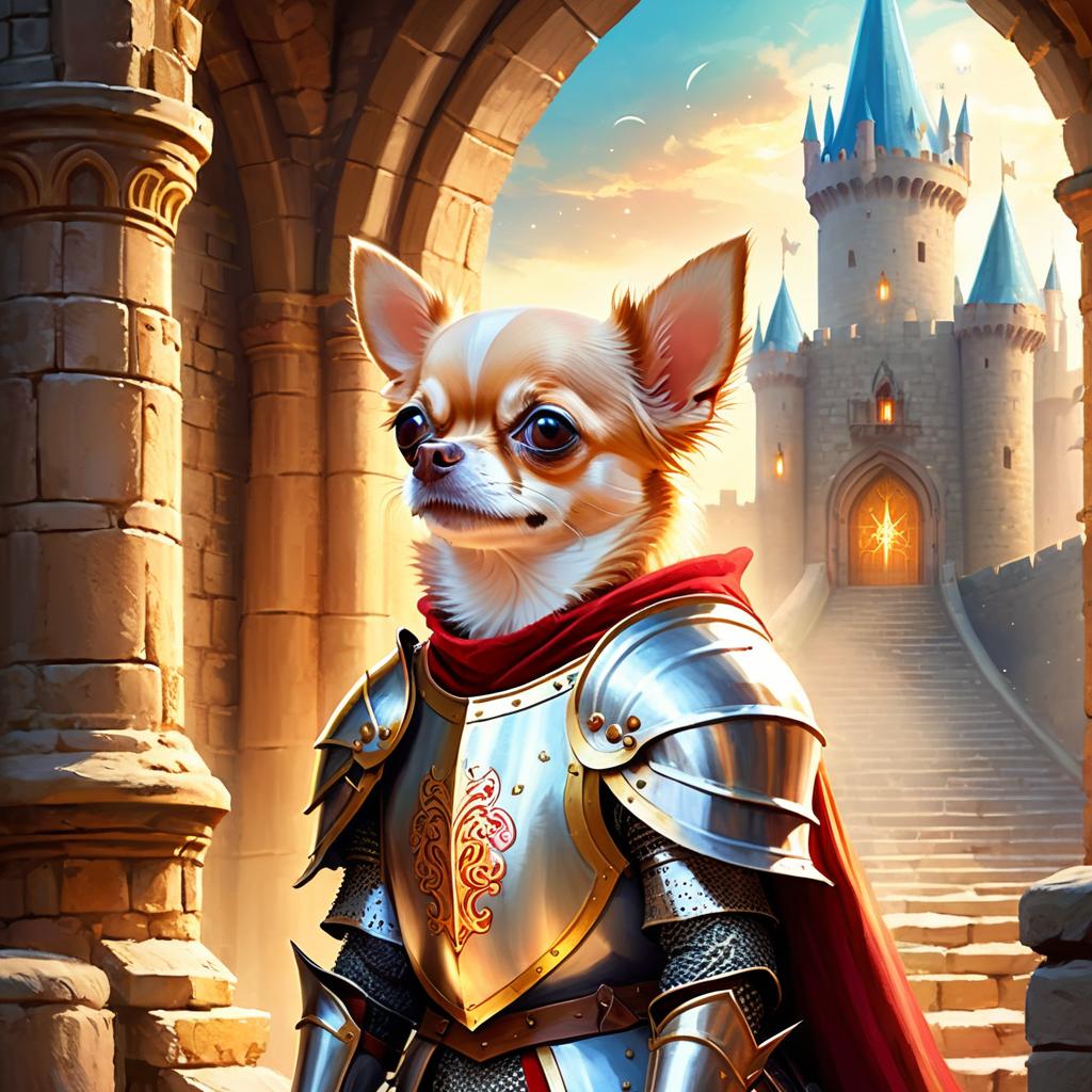 chihuahua as a medieval knight in a majestic castle, ethereal and painterly style.