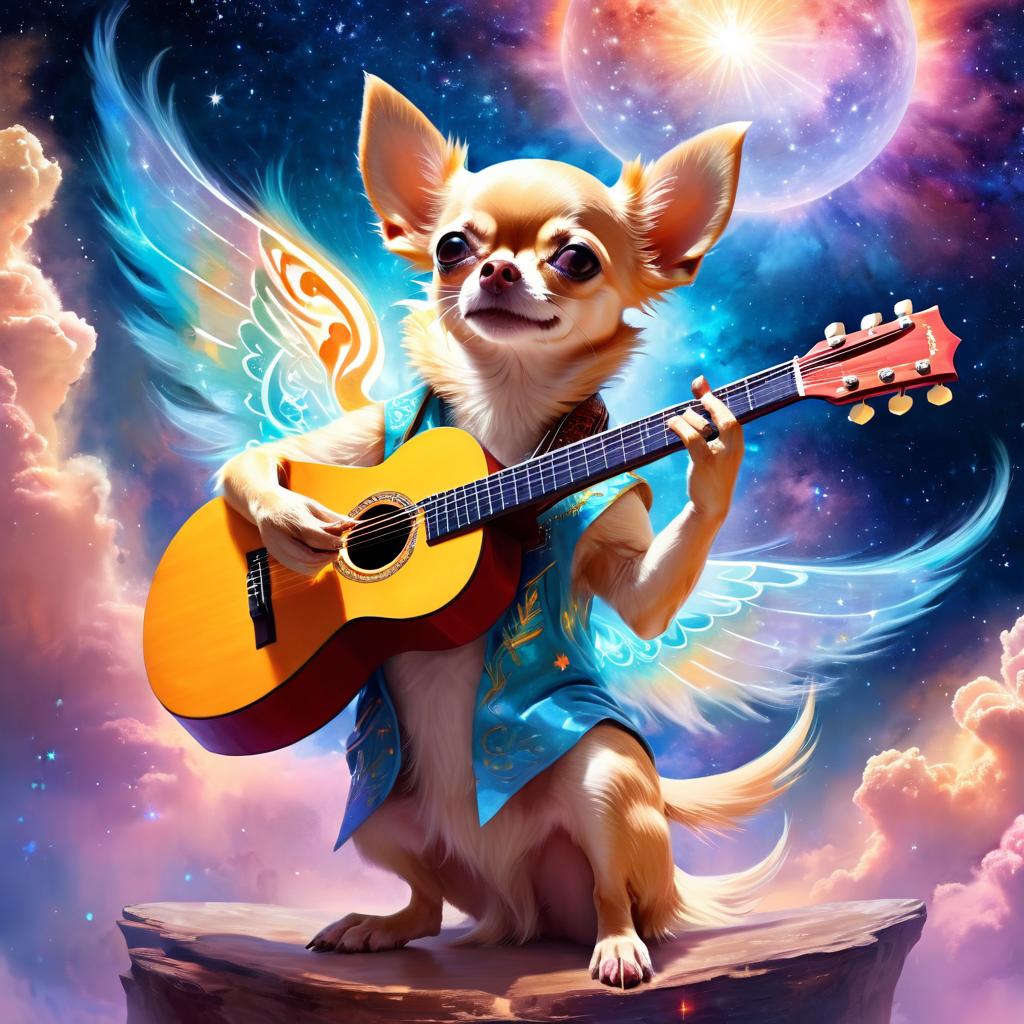 chihuahua as a musician in an ethereal fantasy setting, playing guitar with a majestic and magical touch.