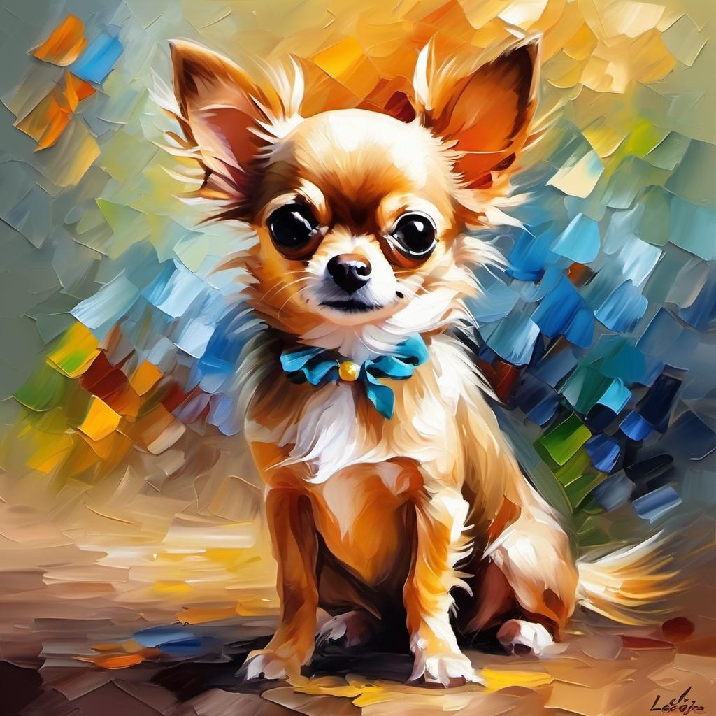 knife oil painting of chihuahua in the style of leonid afremov and degas, featuring vibrant, textured brushstrokes.